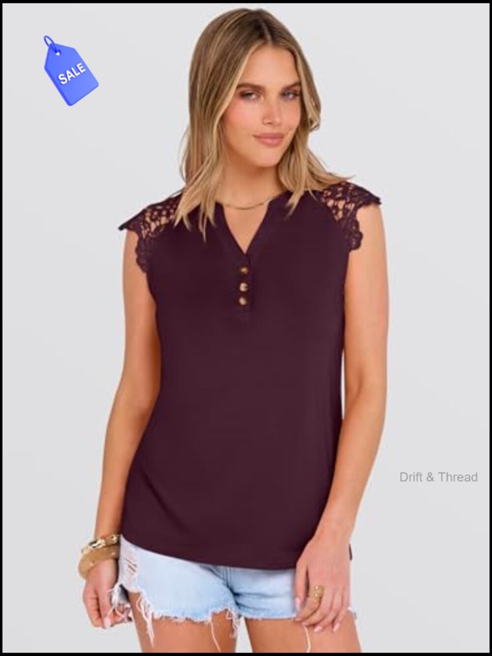 Sleeveless Lace Henley Top with Button Down Front for Office Travel - Picture 4 of 7